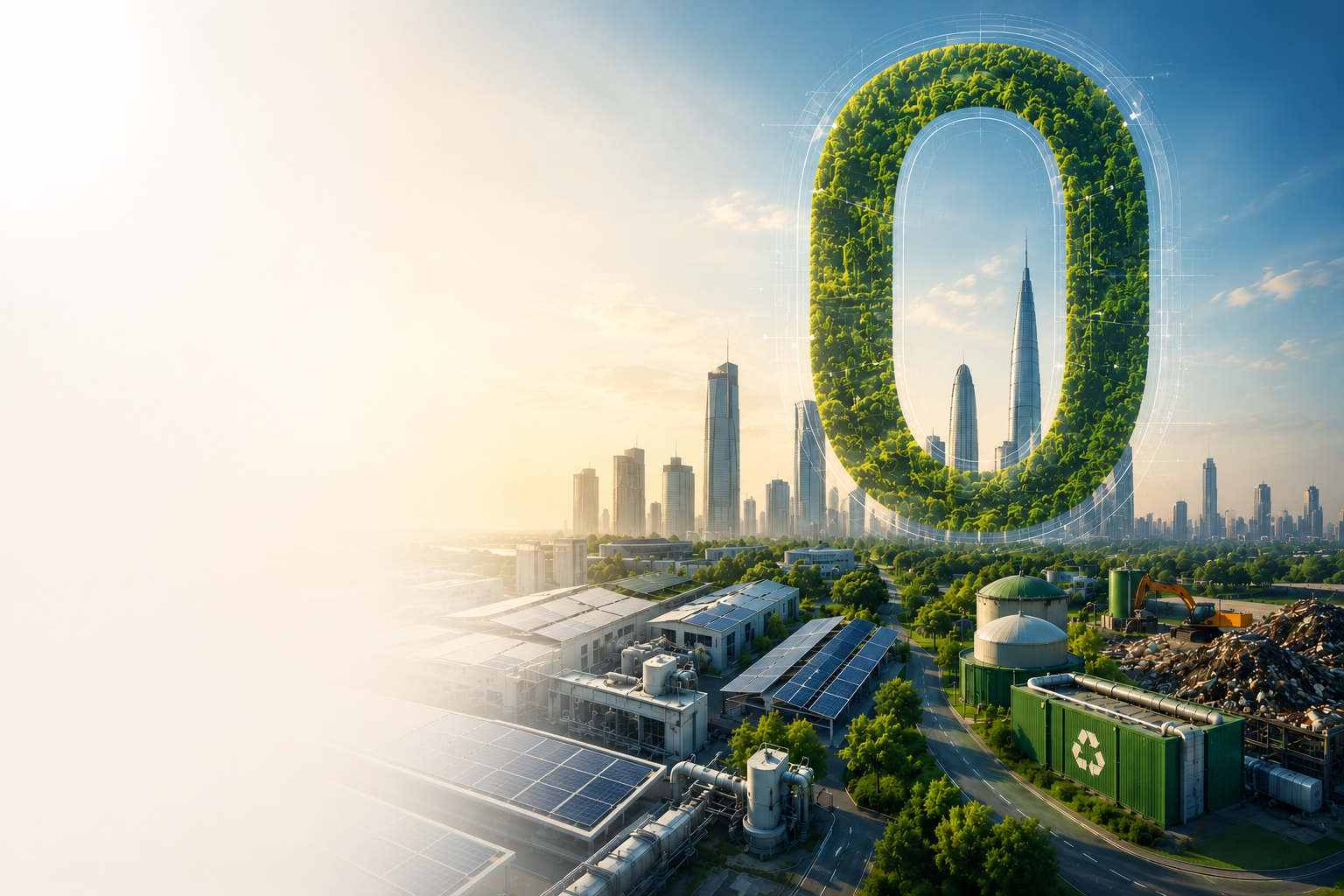 A zero formed from greenery over a city skyline with solar, biogas and recycling infrastructure